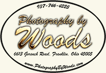 Photography by Woods logo that includes address, web address and phone number